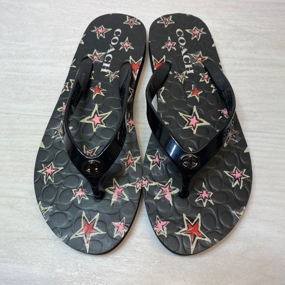 Coach Womens 7B Abbigail Flip Flop Sandal Black Star Print Foam Logo A01821